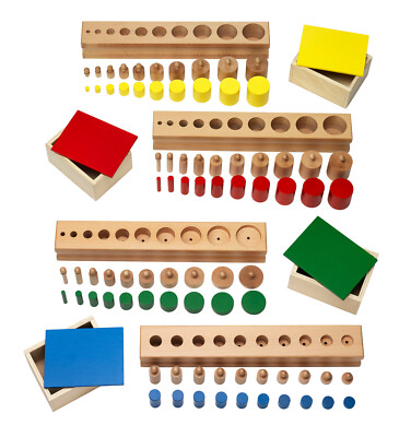 Montessori Einsatzzylinder und farbige knopflose Zylinder aus Holz im Set