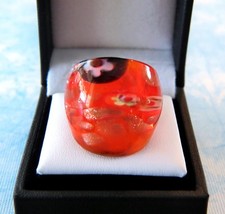 Bohemian Fire Red Floral theme Hand Blown Glass Bling Ring - Size 6.75