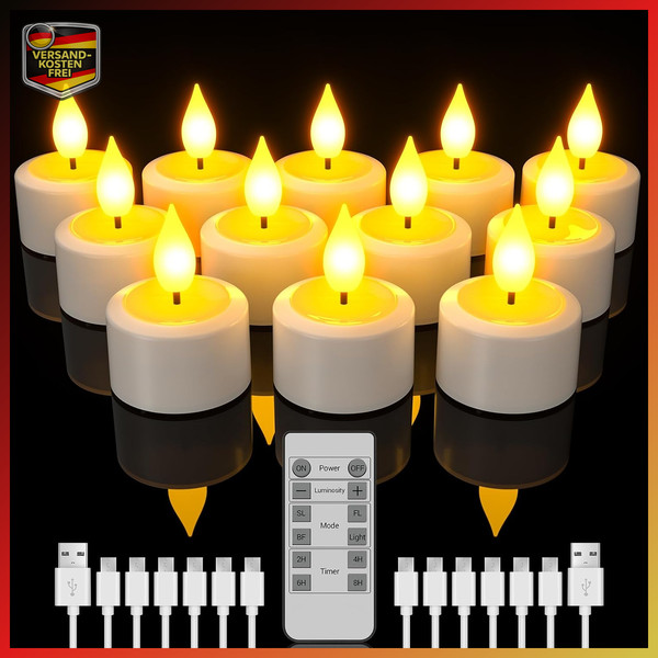 LED Teelichter Wiederaufladbar Mit Fernbedienung & Timer 12Er Set Deko Licht-image