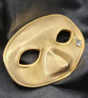 Vtg Mask with Clear Rhinestone Tear Brooch Pin Gold Tone 3D Masquerade Motif 
