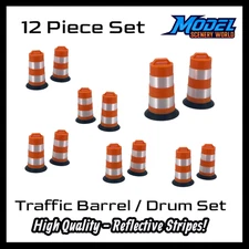 Reflective Traffic Barrel/Drum Set 12pc - HO Scale - Orange/White