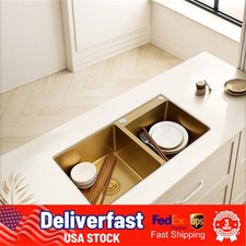 Undermount Double-Bowl Kitchen Sink, Multifunctional Stainless Steel Sink, Gold