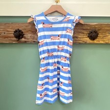 Mini Boden Girls Blue White Striped Hot Dog Dachshund Ruffle Dress Size 6-7Y