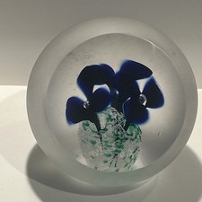 Vintage Art Glass  Blue Flowers & Vase Ghedina Innsbruck  Frosted Paperweight 