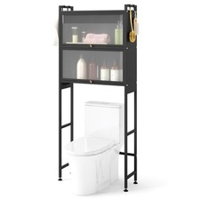66" Bathroom Organizer w/2 Flip-up Cabinets, See-through Fluted Doors, 4 Hooks