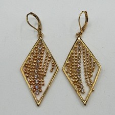 Gold Tone Rhinestone Diamond Shape Dangle Earrings Beaded Fringe Statement Party