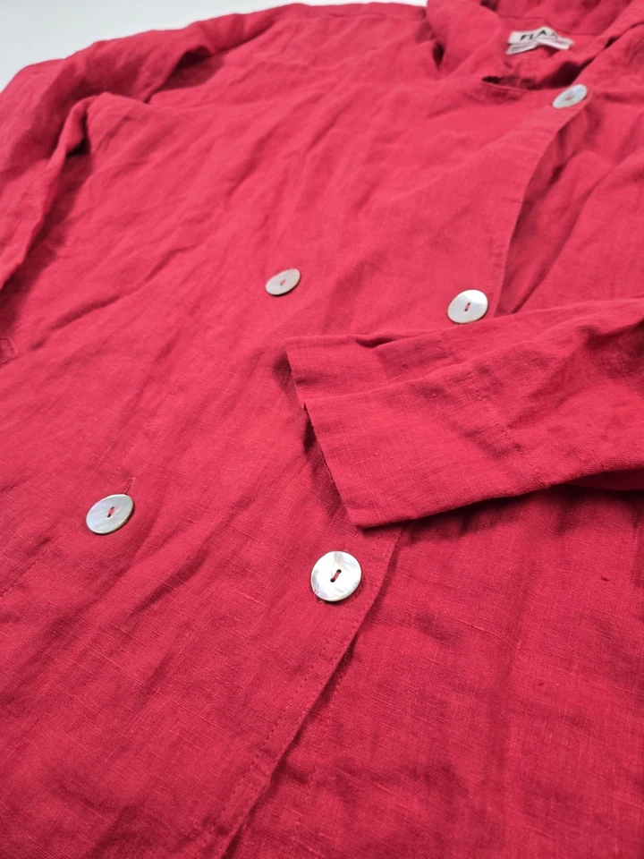 Flax Coat Womens Large Red Linen Long Button Front Duster Jacket - Image 4 of 4