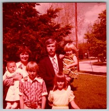 Vtg Color Snapshot Family Portrait Mother Father Children Outdoors Red Tone