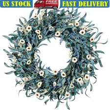 Rustic Blue White Wreath Floral Eucalyptus Wheat Seasonal Door Wall Decor New