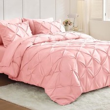 Comforter Set 7 Pieces - Bed in a Bag for All Season, Pintuck Queen Pink