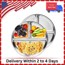 Stainless Steel Kids Plates 2 Packs, 9" Portion Control Plate Divided Plates for