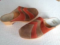 Vintage Scholl Camilla Orange & Brown Suede Wooden Heeled Mules Clogs UK Size 6