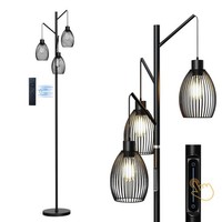 Industrial Floor Lamp Dimmable with Remote Control 3 LED Bulbs Included – Black