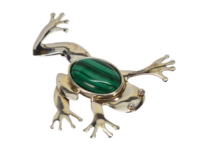 Vintage DTR Sterling Silver Frog with Malachite 2'' Pin