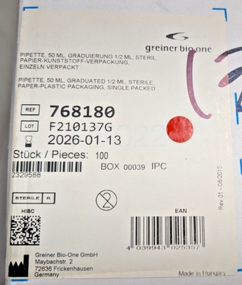 Greiner Bio One 768180 Cell Star 50 mL Serological Pipette | Expired | Bag of 20