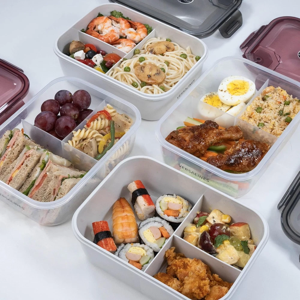 Bento Box Adult Lunch Box, 3 Compartment Meal Prep Containers with Lids, Clear L