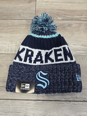Seattle Kraken Cuffed Knit Winter Hat Cap Beanie Pom NHL New Era Fleece Lined