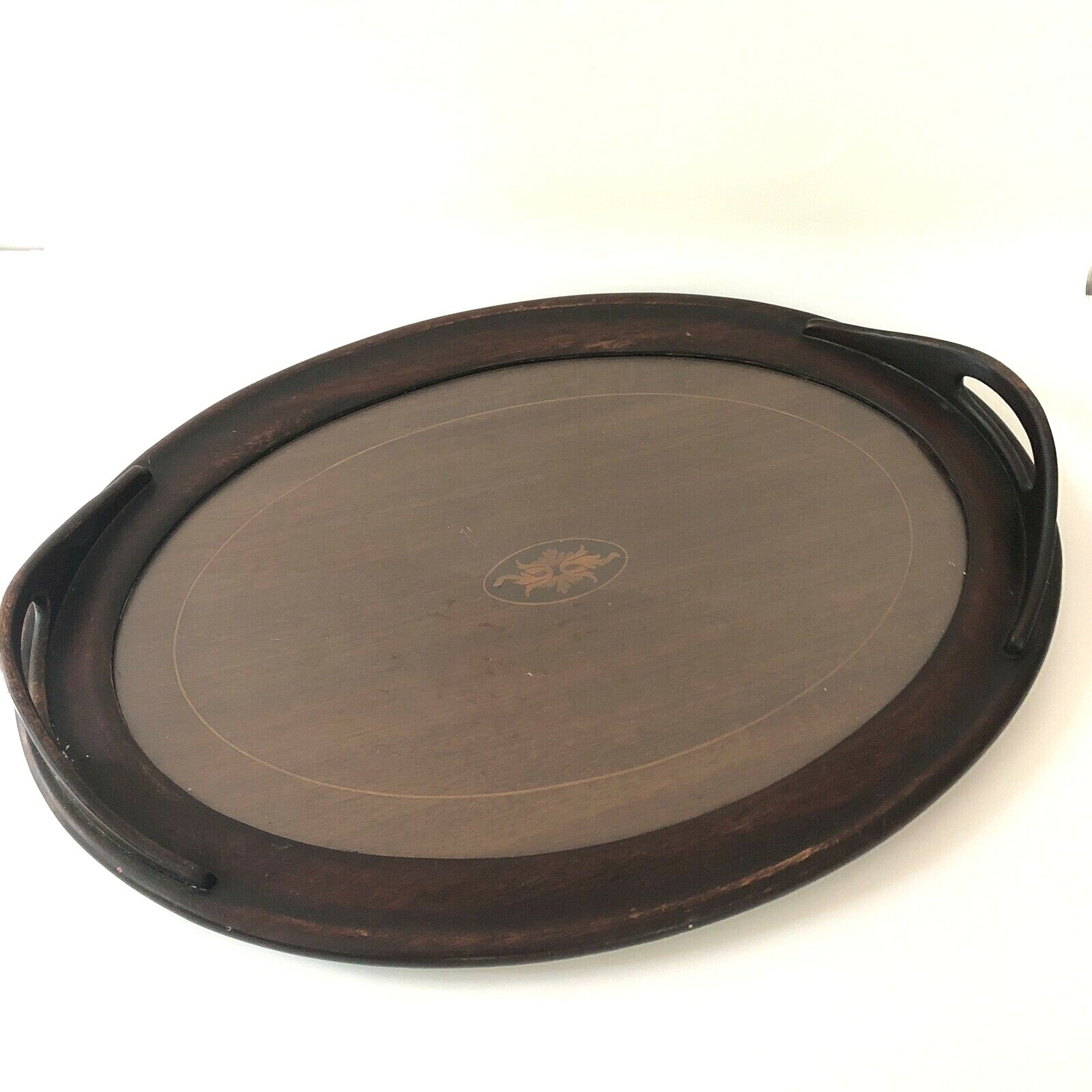 Oval Serving Tray Glass Top Inlaid Wood Wooden Handles 18 x 13 Vintage