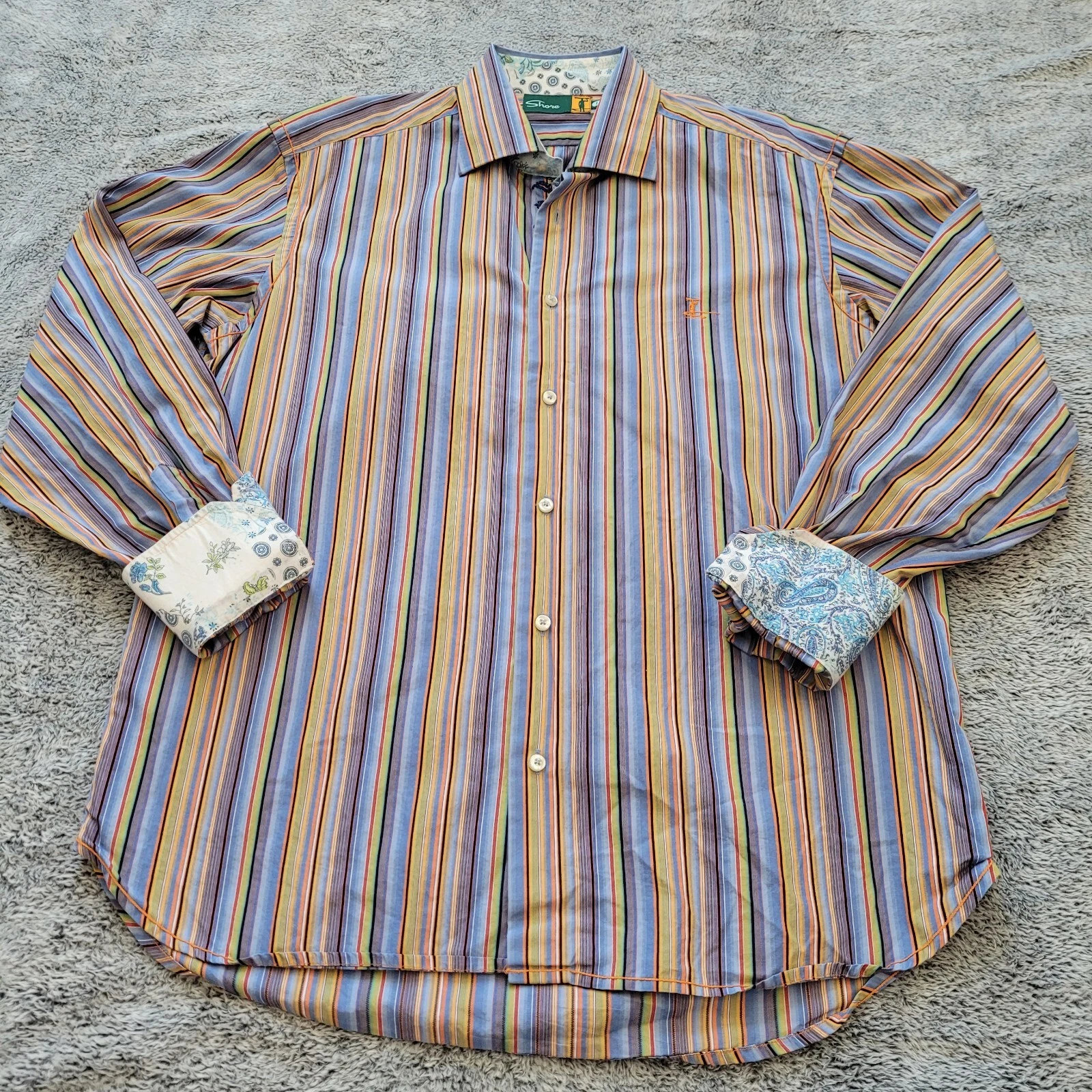 Shore Mens Shirt Large Multicolor Stripe Button Up Surf Contrast Sleeve 16166x