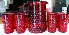 Rich Ruby Red Hobnail Pitcher and 8 Matching Tumblers Set