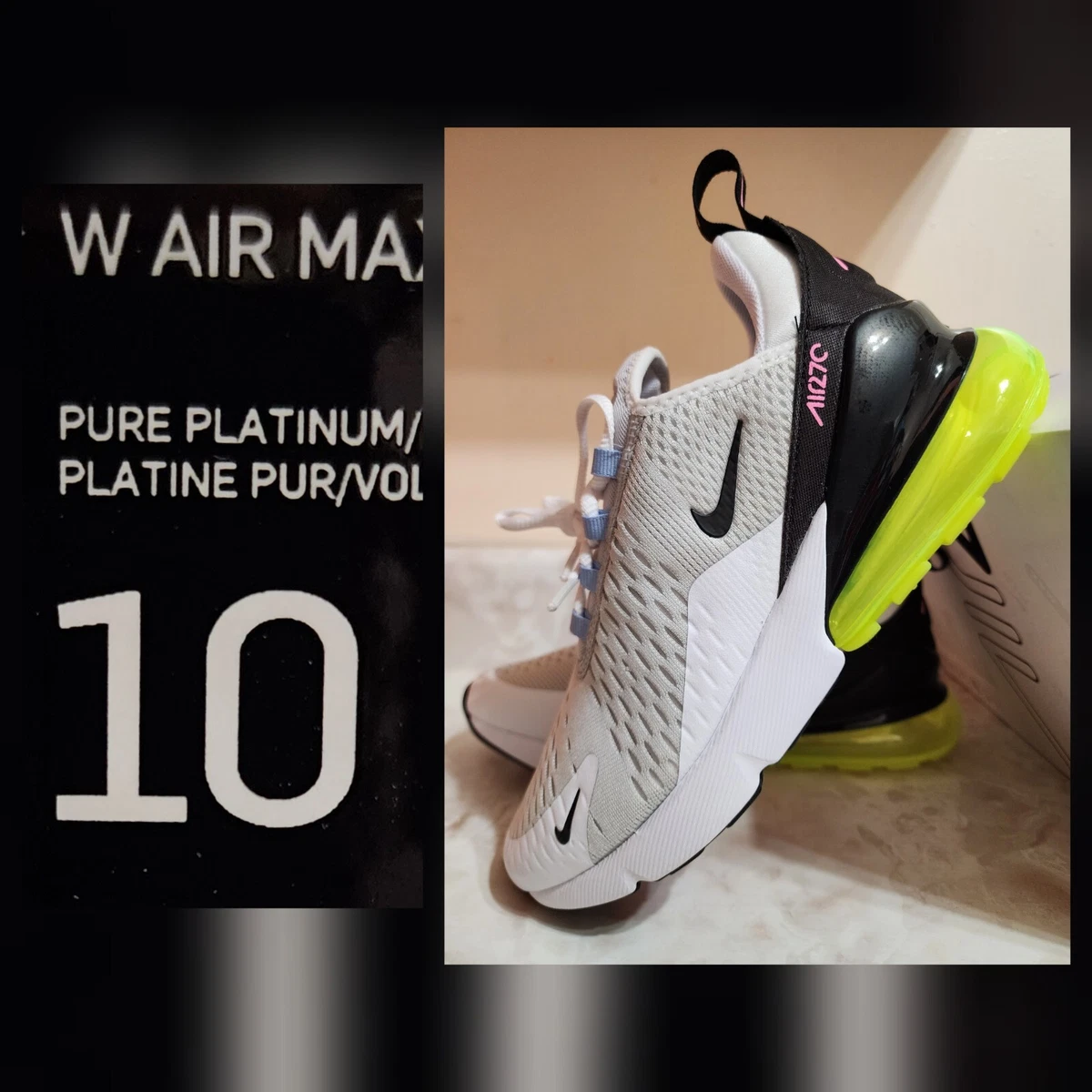 Women s Size 10 NIB Air Max 270 Pure Platinum Black Volt White