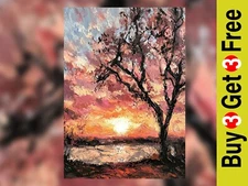 Sunset Tree in Silhouette 5"x7" Print on Matte Paper | Vibrant Impasto Landscape