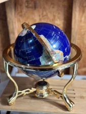 10" World Globe of Blue Lapis And Semi Precious Gemstones Compass And Gold Stand