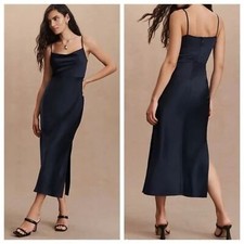 Sachin + Babi BHLDN Cali Satin Cowl-Neck Midi Slip Dress Sz 2 in Black Evening