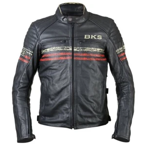 BKS Retro Leather GBR Motorcycle Jacket Mens Black Red Beige
