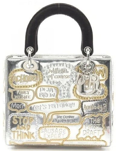 Sac à main Dior Lady Dior, tissu et cuir verni, argent/noir/or