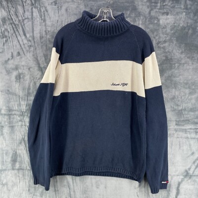 Schott Bros NYC Mens Large Blue Cream Stripe Turtleneck Sweater Cotton Y2K 90s