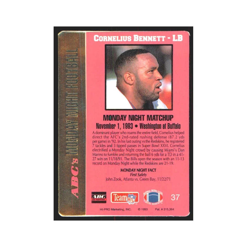 1993 Action Packed Cornelius Bennett Bills #37 - Image 2 of 3