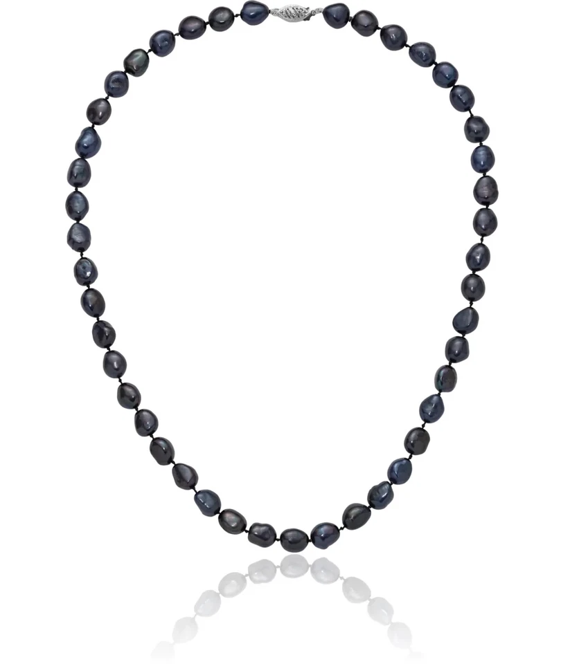 Collar de cadena de perlas cultivadas de agua dulce barrocas negras de oro blanco macizo de 14K Foto 3 de 4