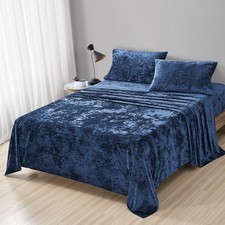 Distressed Velvet Sheet Set, 4 Pieces Navy King, Ultra Soft, Warm