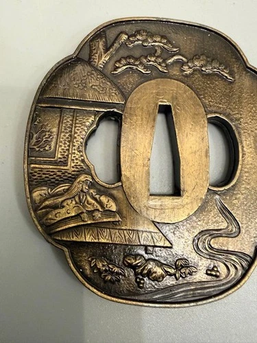 Landscape Metal Tsuba Round Sword Guard with Scenic & Human Carvings Used - Picture 2 of 3