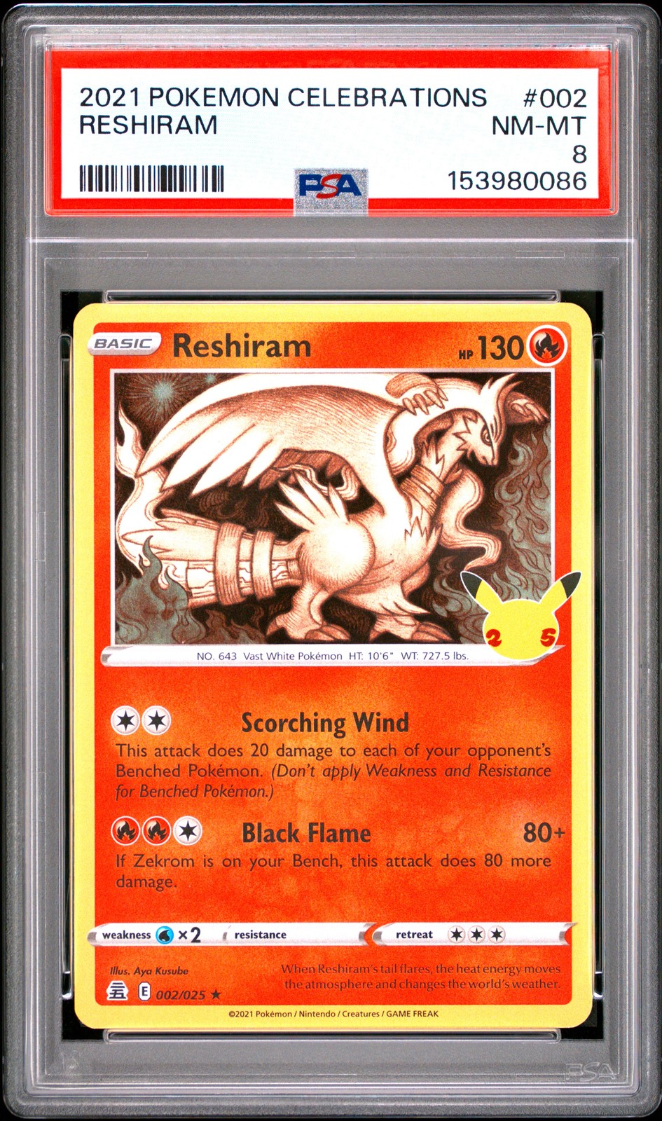 2021 POKEMON CELEBRATIONS #002 RESHIRAM PSA 8