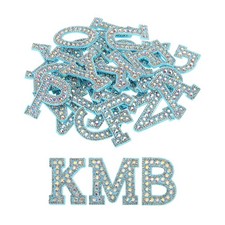 26 x Iron on Patch Decorative A-Z Blue Glitter Alphabet Applique Rhinestone