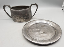 Antique Twin Handled Hammered English Pewter Bowl & Small Pewter Plate (P)