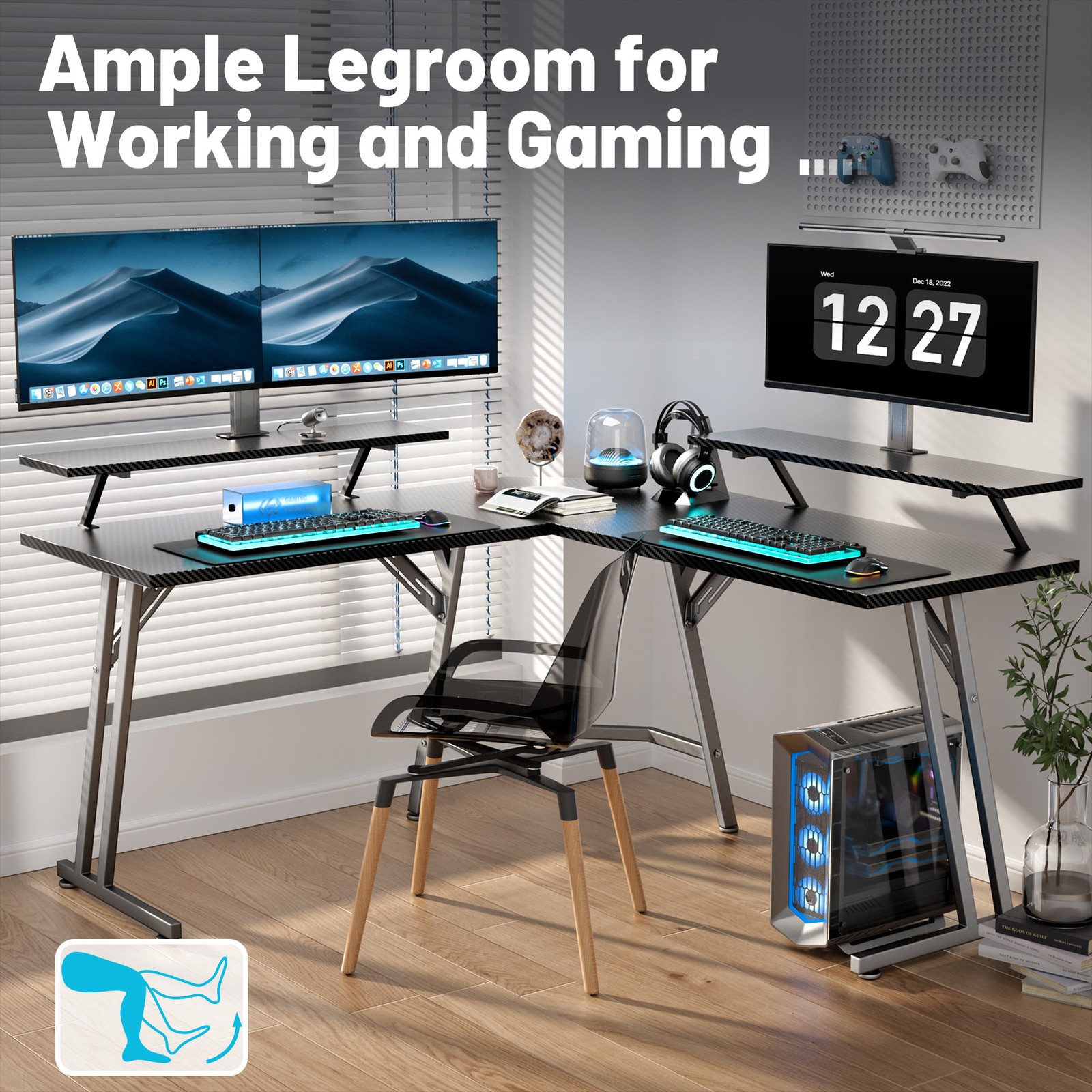 51 Inch L Shaped Gaming Desk with LED Light, Corner Desk with 2 Monitor Stands