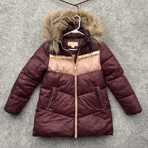 Michael Kors Puffer Coat Ragazza 10 12 Parka Chic Cappuccio Pelliccia Ecopelliccia Metallizzata Stile Y2K