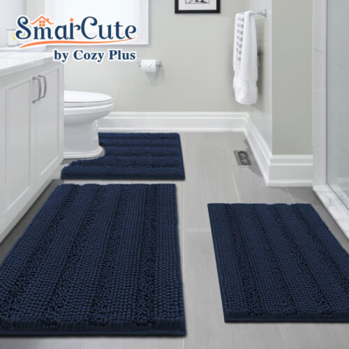 3 Pieces Absorbent Bathroom Rugs Sets Striped Non Slip for Tub, Shower, Toliet - Picture 15 of 21