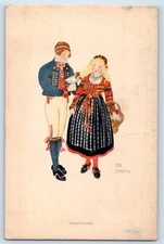 c1910's Boy And Girl With Flowers Basket Aina Stenberg Signed Artist Postcard