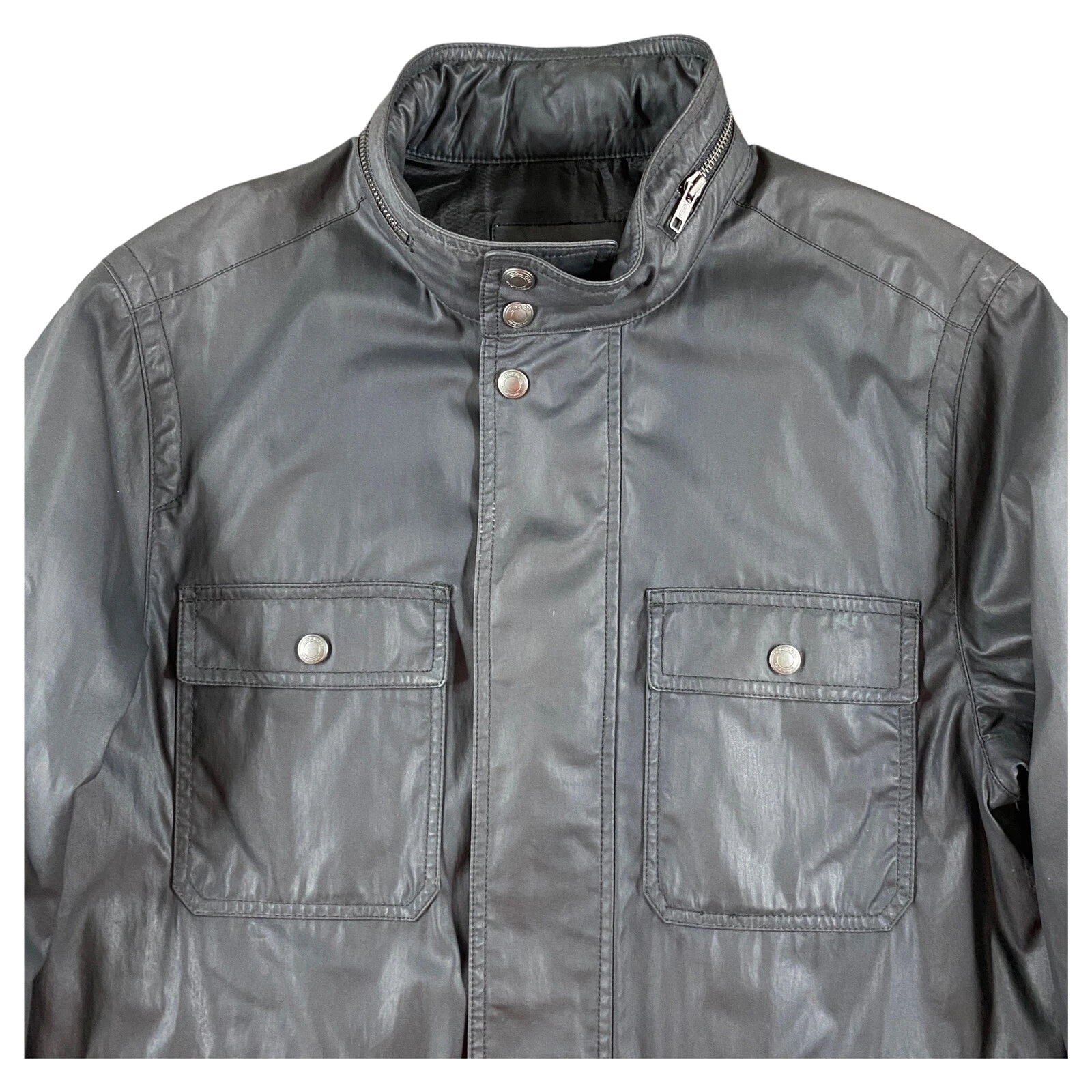Giacca da campo COACH cotone cerato cappotto nero cappuccio biker zip snap uomo taglia media