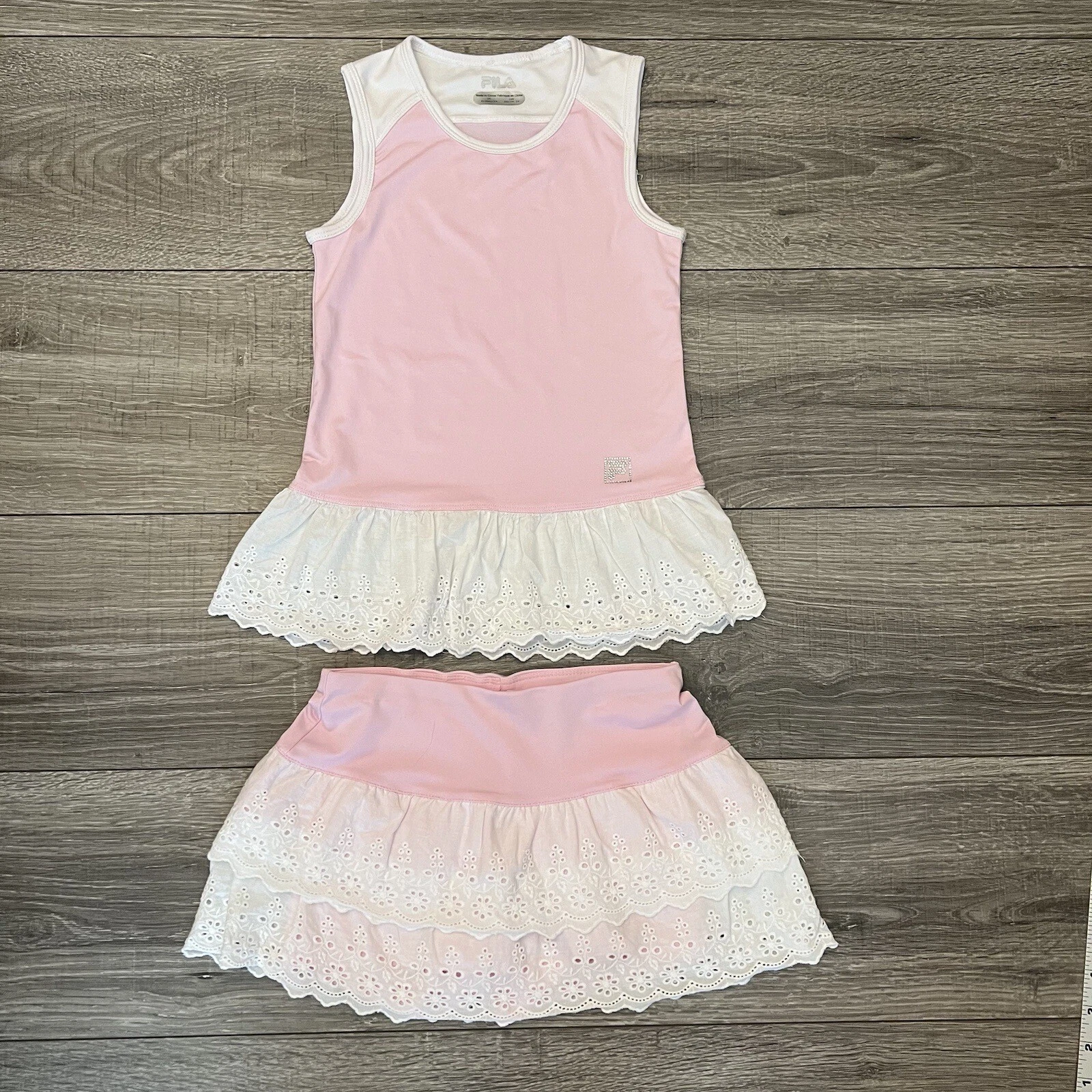Fila Girls Tennis Outfit Set Pink Top Skort size XXS 3-4 White Lace