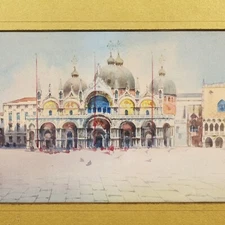 Antique Watercoulor cityscape Painting St Mark's Basilica Venice Italy Signed