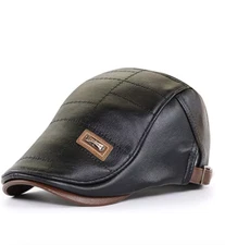 Men's Adjustable Faux Leather Cap Newsboy Hat Black w Brown Accents NEW