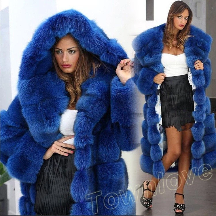 Womens Luxury Hooded Faux Fur Jacket Winter Warm Long Parka Outdoor Coat Outwear