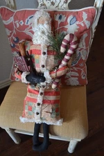 Primitive Rustic Style Handmade Quilt Santa holds Candy Cane and Sled 25" Tall