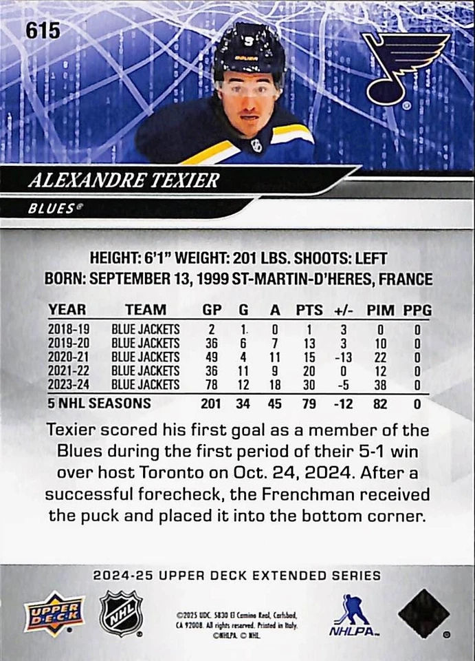 2024-25 Upper Deck Extended Deluxe /250 Alexandre Texier Blues #615 - Image 3 of 4