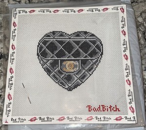 Bad Bitch Quilted Heart Needlepoint Black Fashion Canvas 5 X 5 New